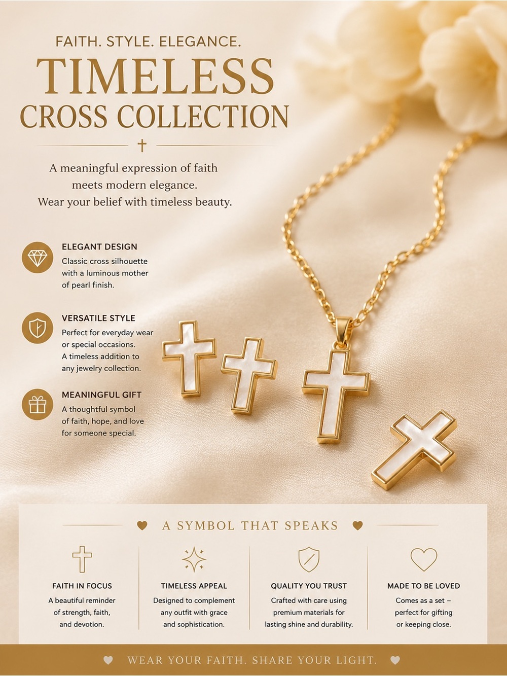Gold Cross Necklace, Earrings and Pin Set-18”